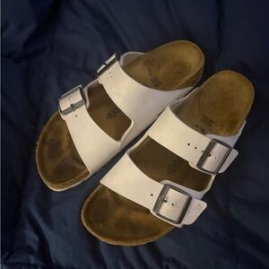Birkenstock White Sandals with Silver Buckles - Arizona